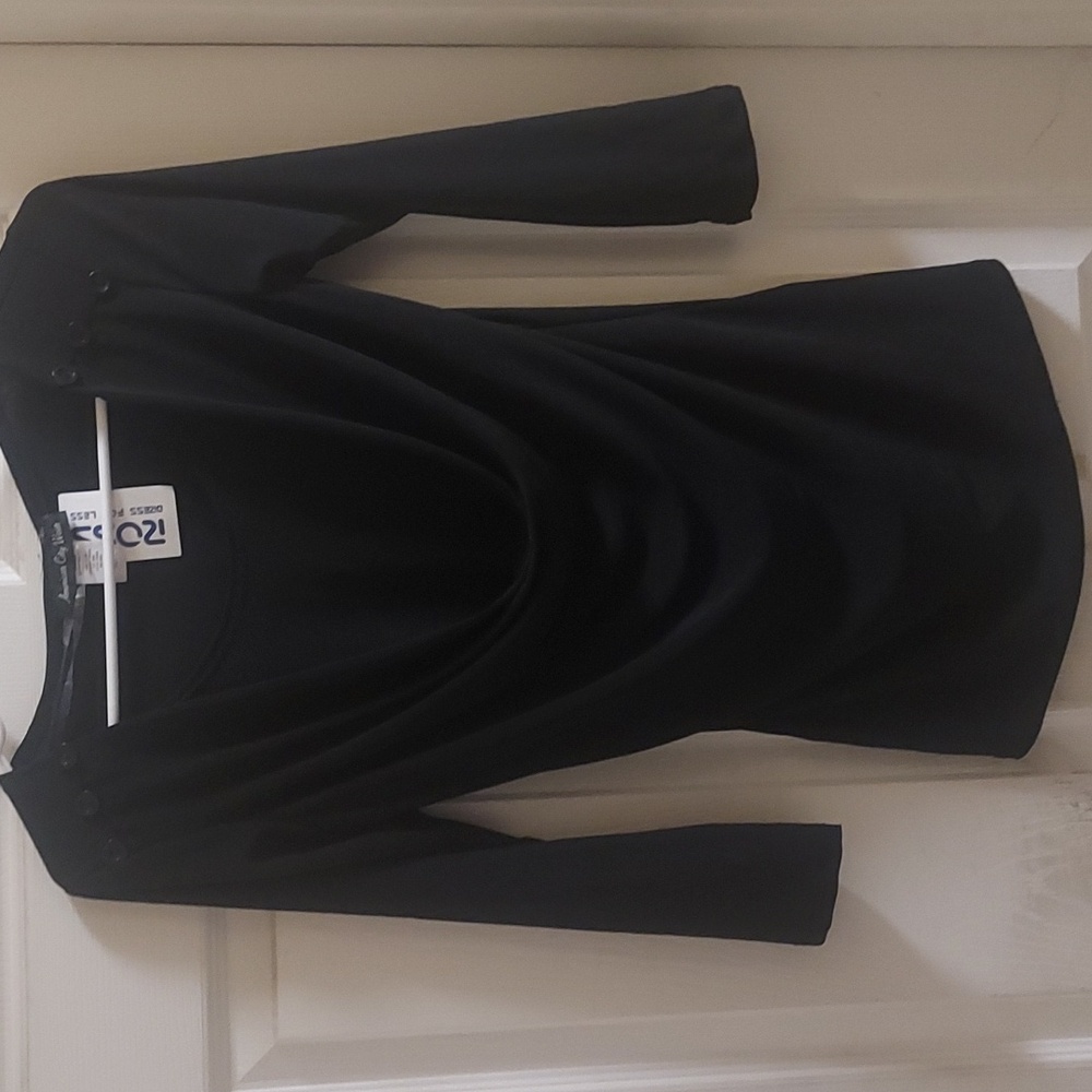 Black mid-length sleeve cowl neck blouse with button detail on shoulders